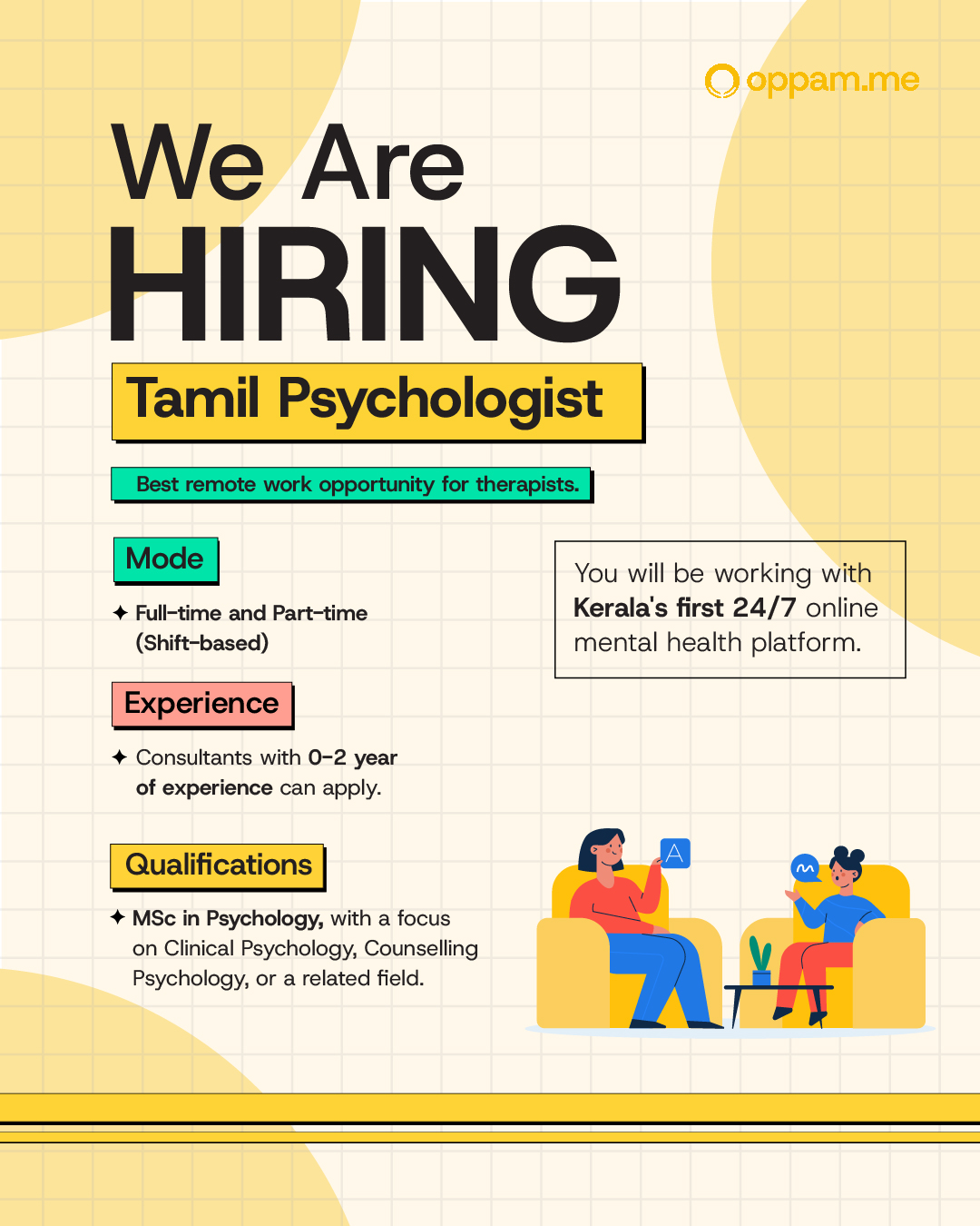 Oppam Facebook ad: Hiring Tamil Psychologists (Remote)
