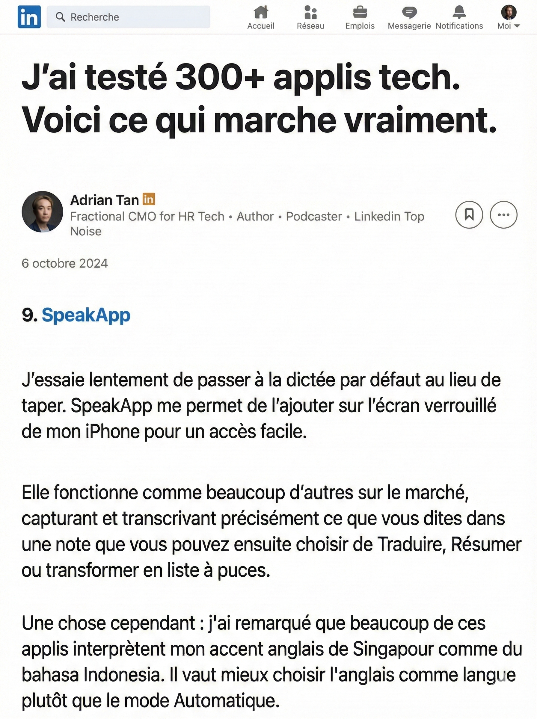 SpeakApp Facebook ad: Enregistrez, transcrivez et résumez sans rien manquer