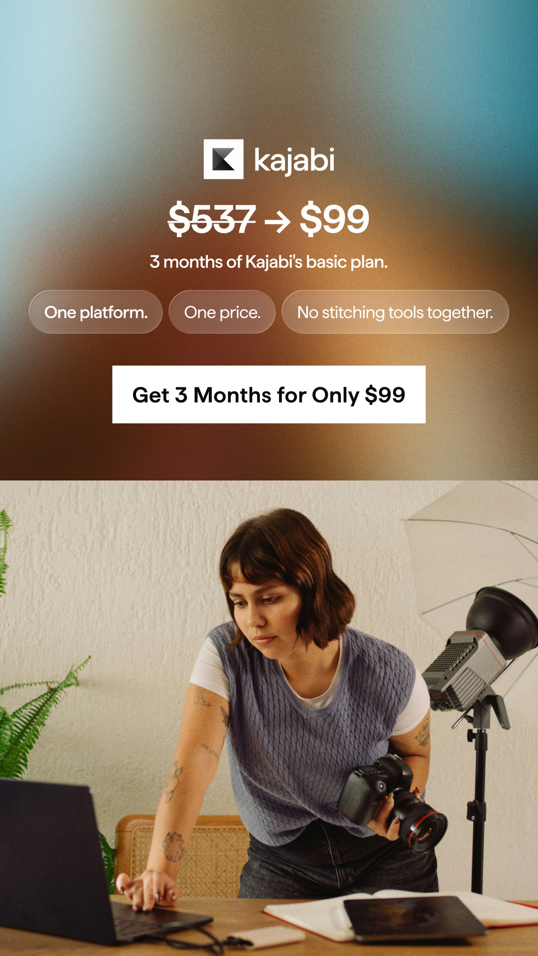 Kajabi Facebook ad: Three months. One platform. Unlimited potential.
