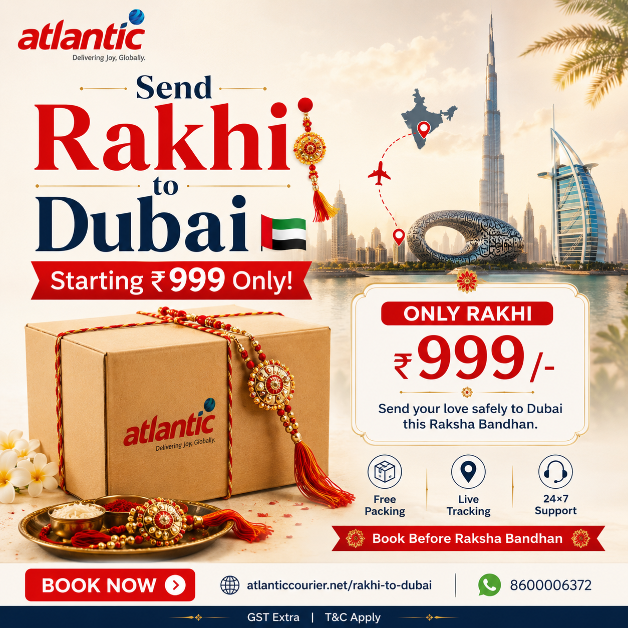 Atlantic International Express Facebook ad: Send Rakhi to Dubai from ₹999