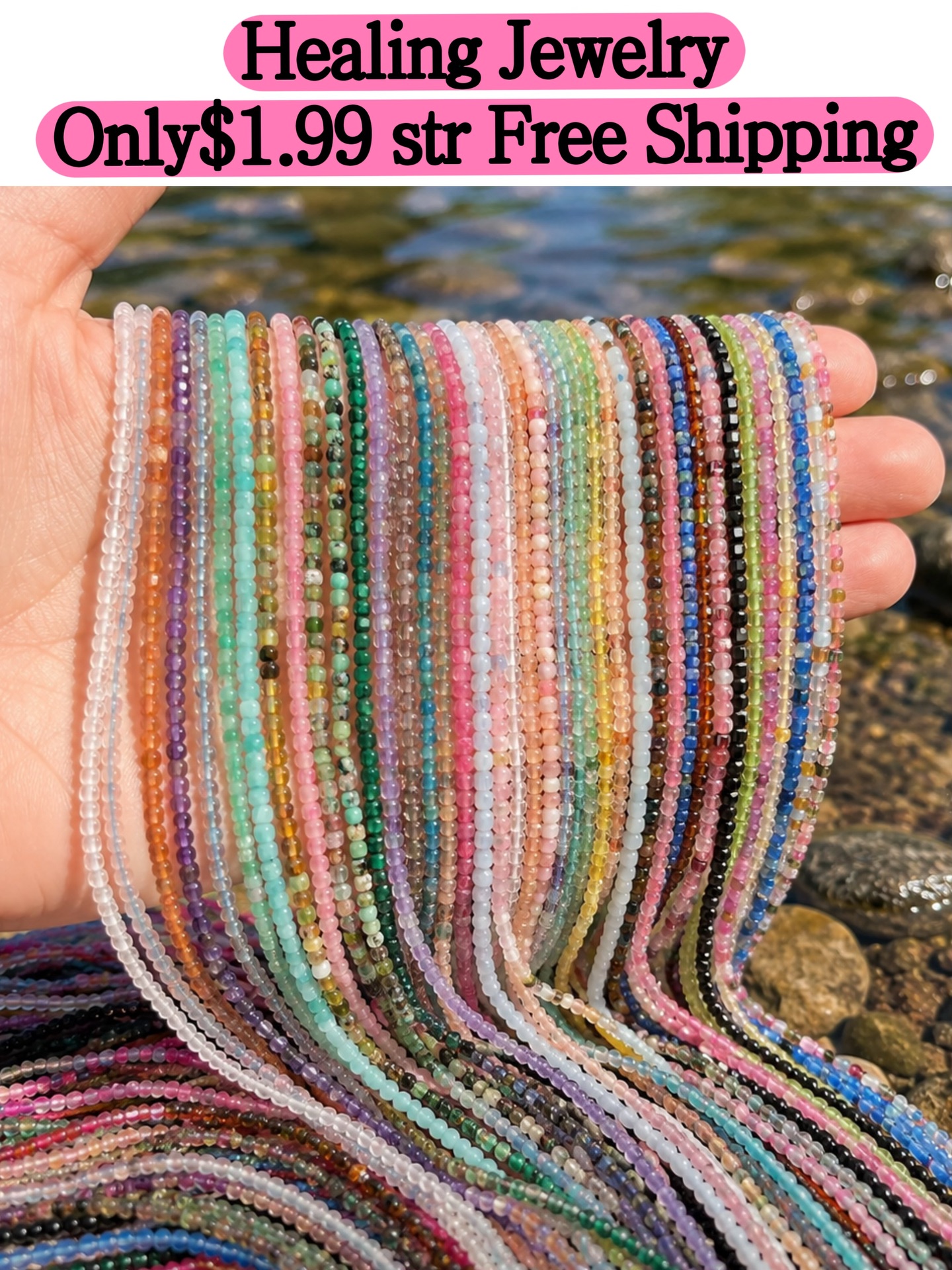 Healing Crystal Jewelry Facebook ad: Tiny Round Faceted Beads Gemstone/Quartz/Jasper/Agate 2mm…