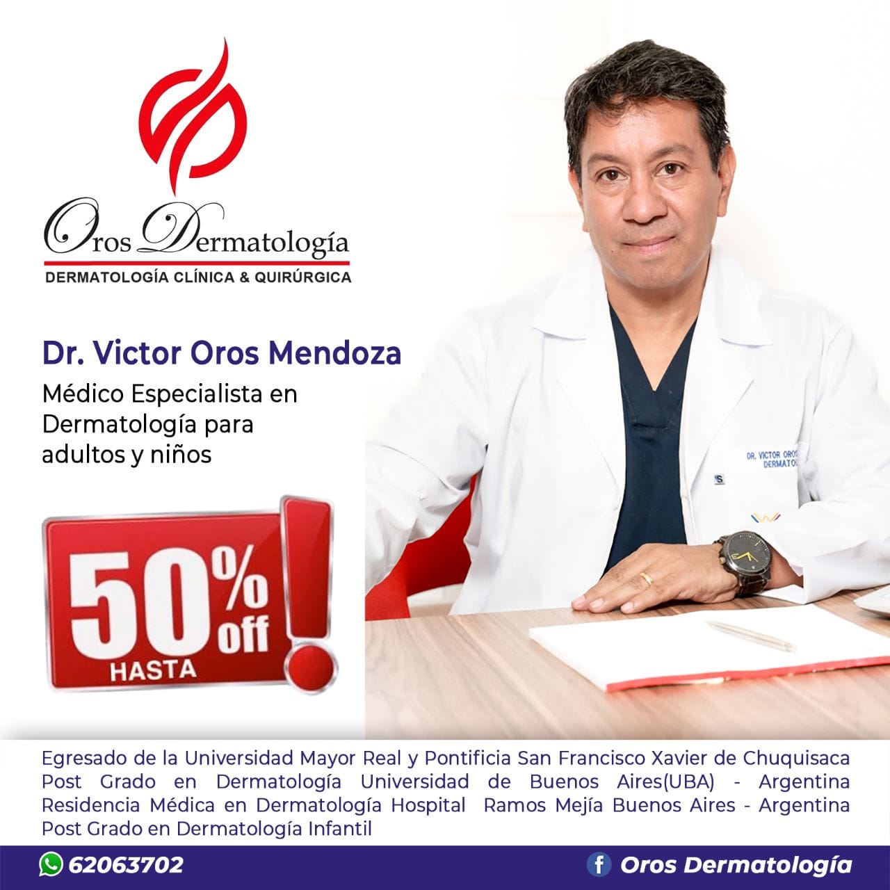 Oros Dermatología Facebook ad: 50% DE DESCUENTO EN NUESTRA CONSULTA MÉDICA Cupos…