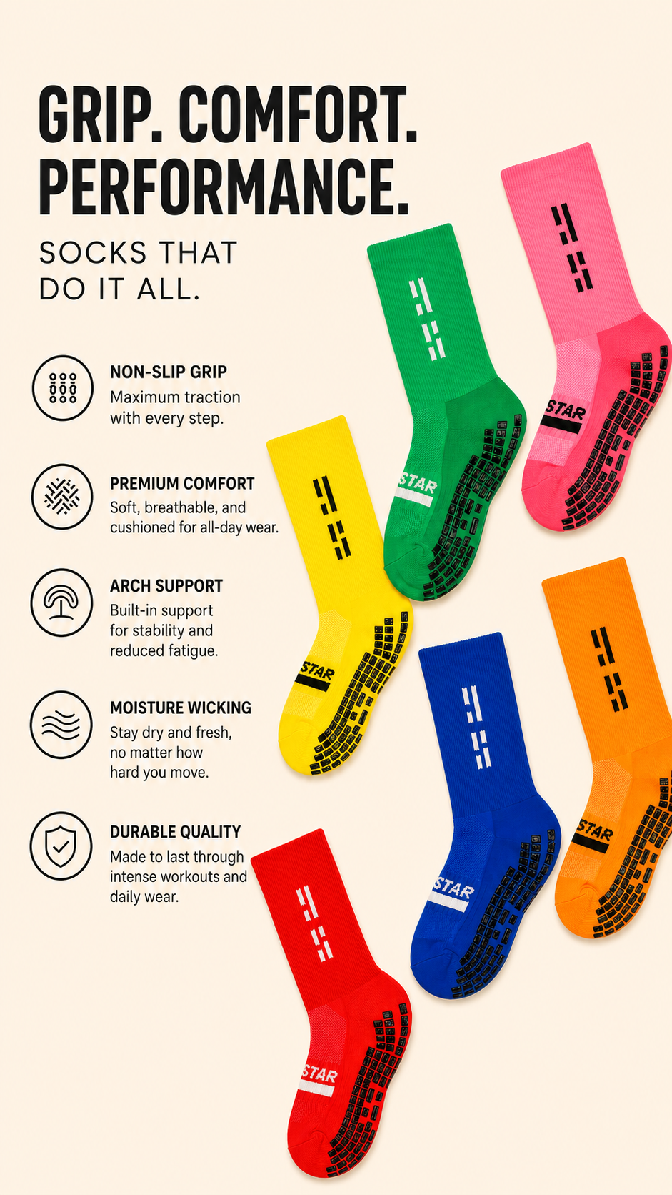 Grip Star Socks Facebook ad: Elite Grip. Everyday Comfort.