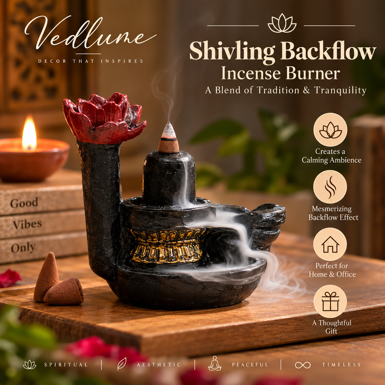 Vedlume Facebook ad: Buy Shivling Lotus Backflow Incense Burner!