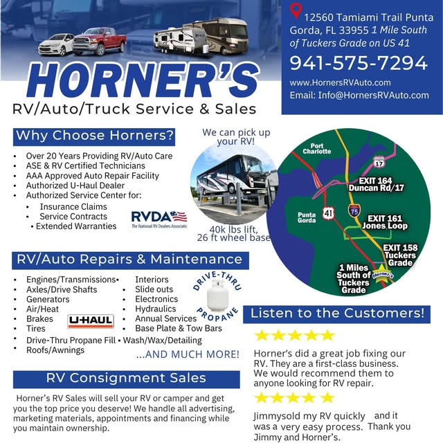 Horner's RV/Auto/Truck Service & Sales Facebook ad: Expert RV & Auto Service