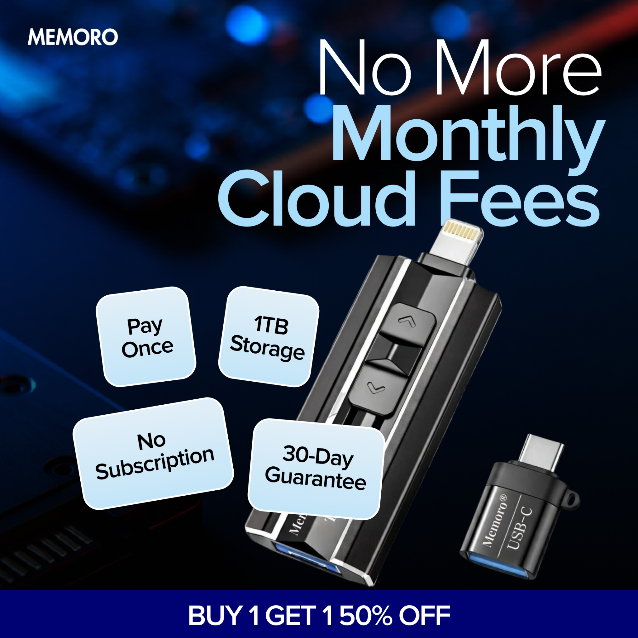 Memoro Facebook ad: 1TB & 2TB Storage Options for Every Device