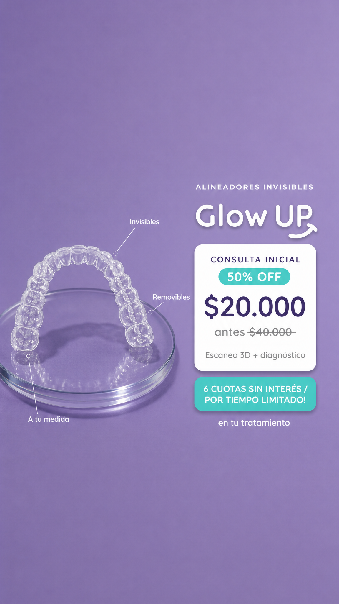 Glowup Argentina Facebook ad: Tu consulta inicial al 50%: $20.000 (antes $40.000).