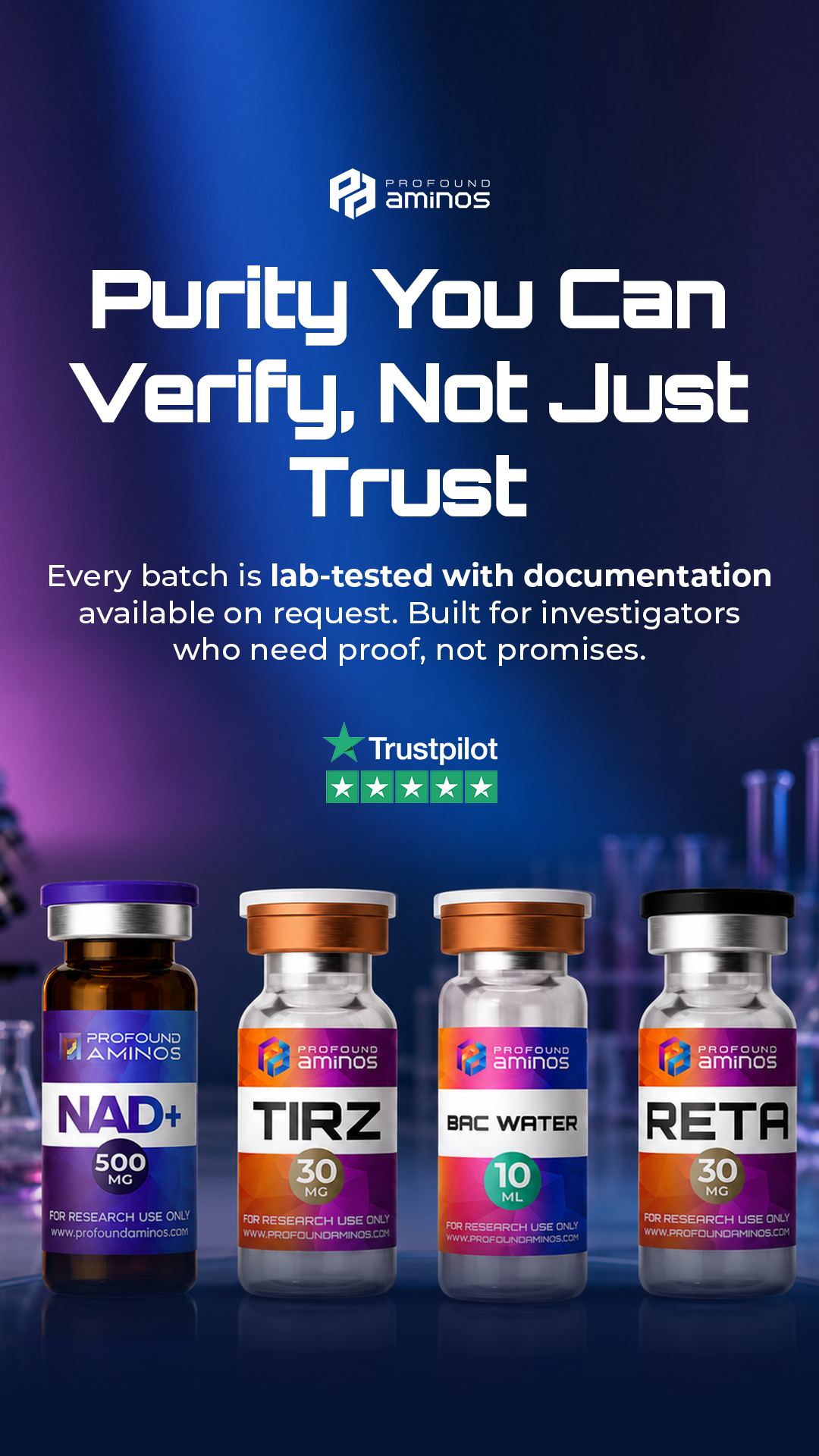 Profound aminos Facebook ad: ≥99% Verified Purity