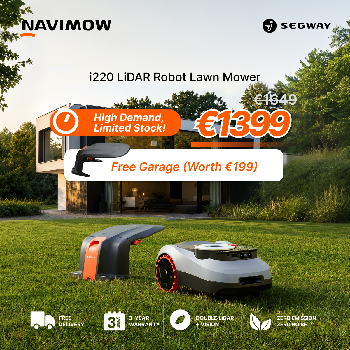 Segway Navimow Nordics Facebook ad: Limited-Time Offer: €250 Off + Free Garage