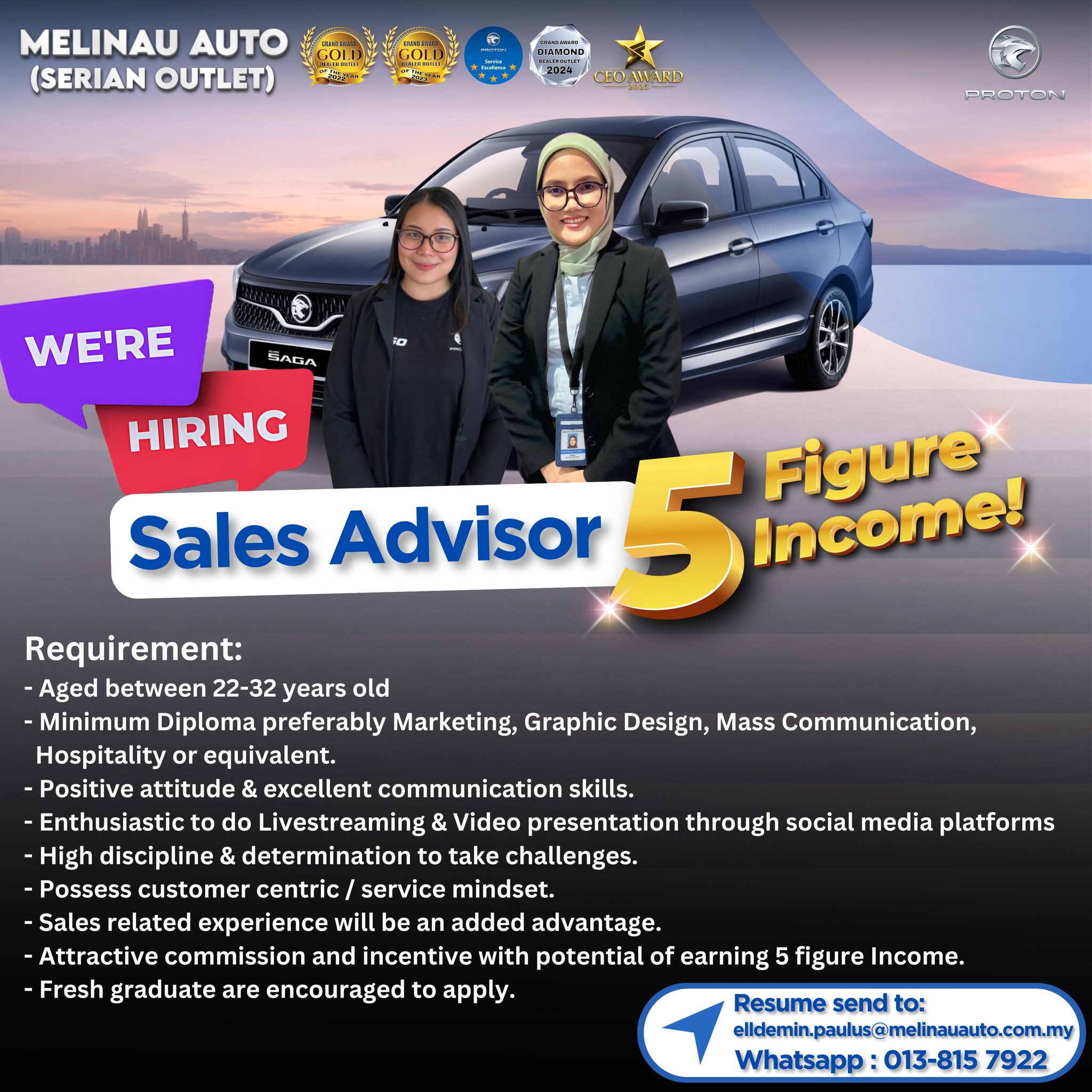 Proton Melinau Auto Promo Centre Serian Facebook ad: WE’RE HIRING, SALES ADVISOR