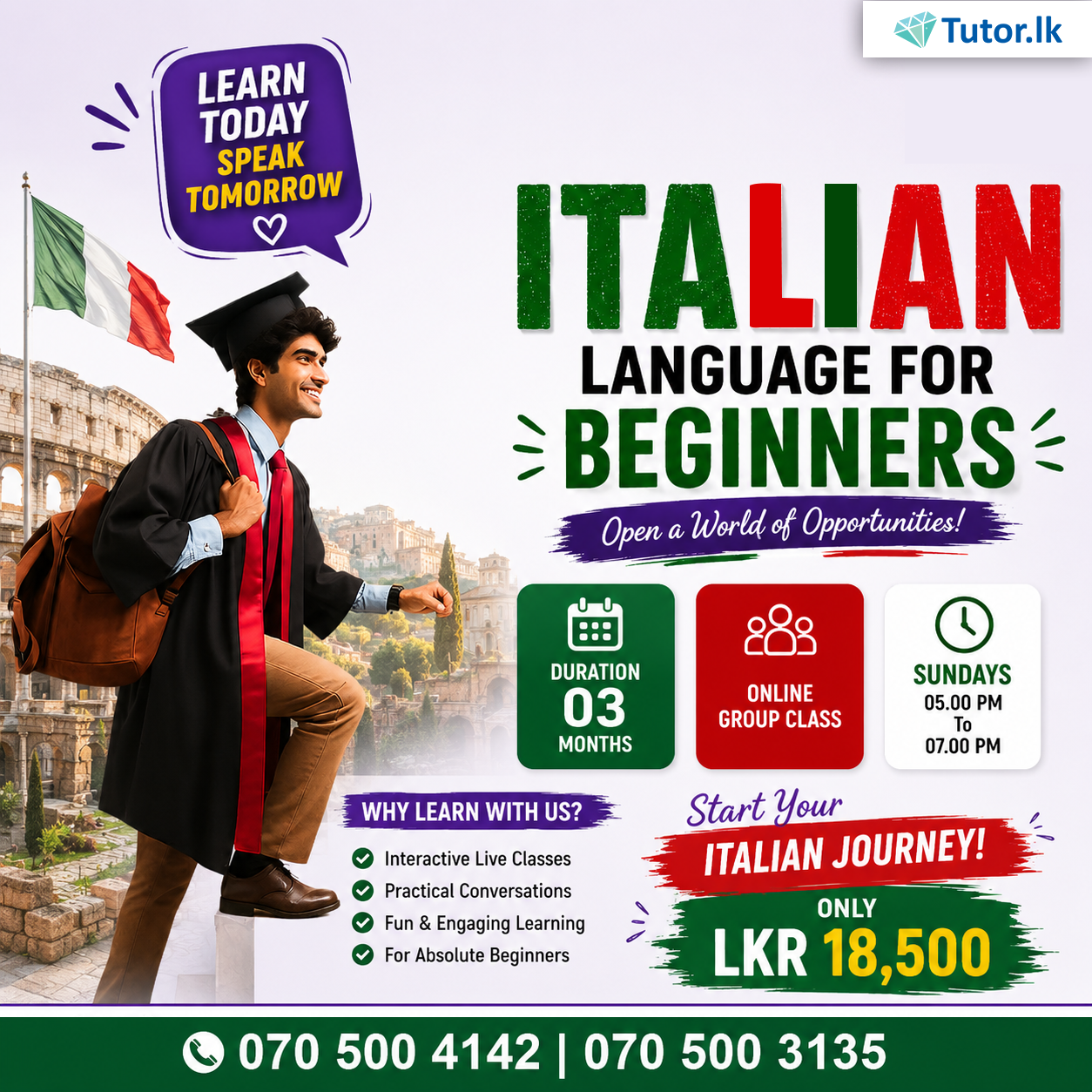 Tutor.lk Facebook ad: Italian Learn කරමු