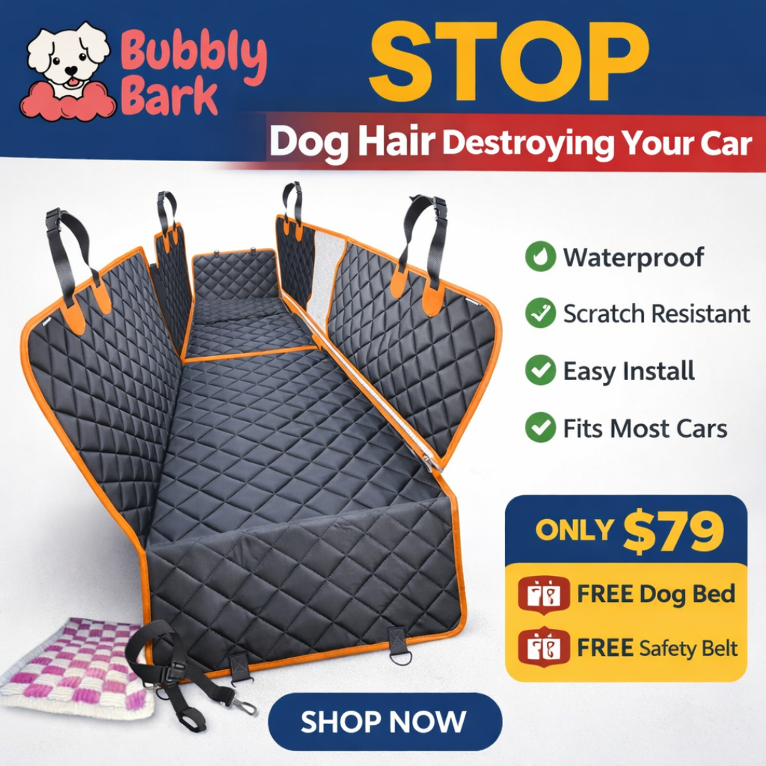 Bubbly Bark Facebook ad: Waterproof Dog Car Seat Hammock, 6-in-1 Back