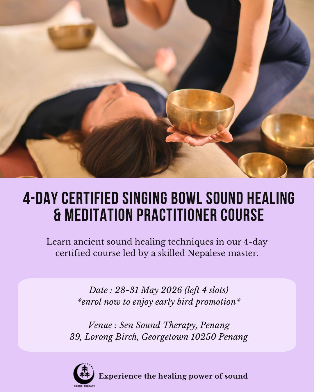 森颂钵音疗 Sen Singing Bowl Sound Therapy Facebook ad: After guiding 8 beautiful batches through our 4-day…