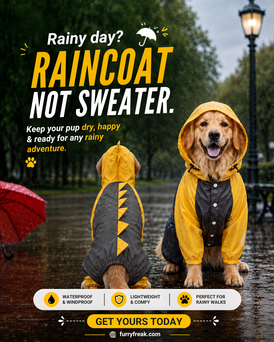 Furry Freak Facebook ad: Yellow & Grey Full-Body Dino Dog Raincoat | 100%…