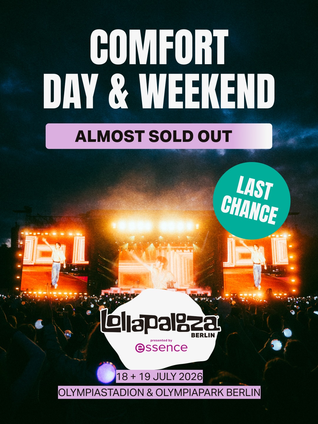 Lollapalooza Berlin Facebook ad: Comfort Day & Weekend Tickets are almost completely…