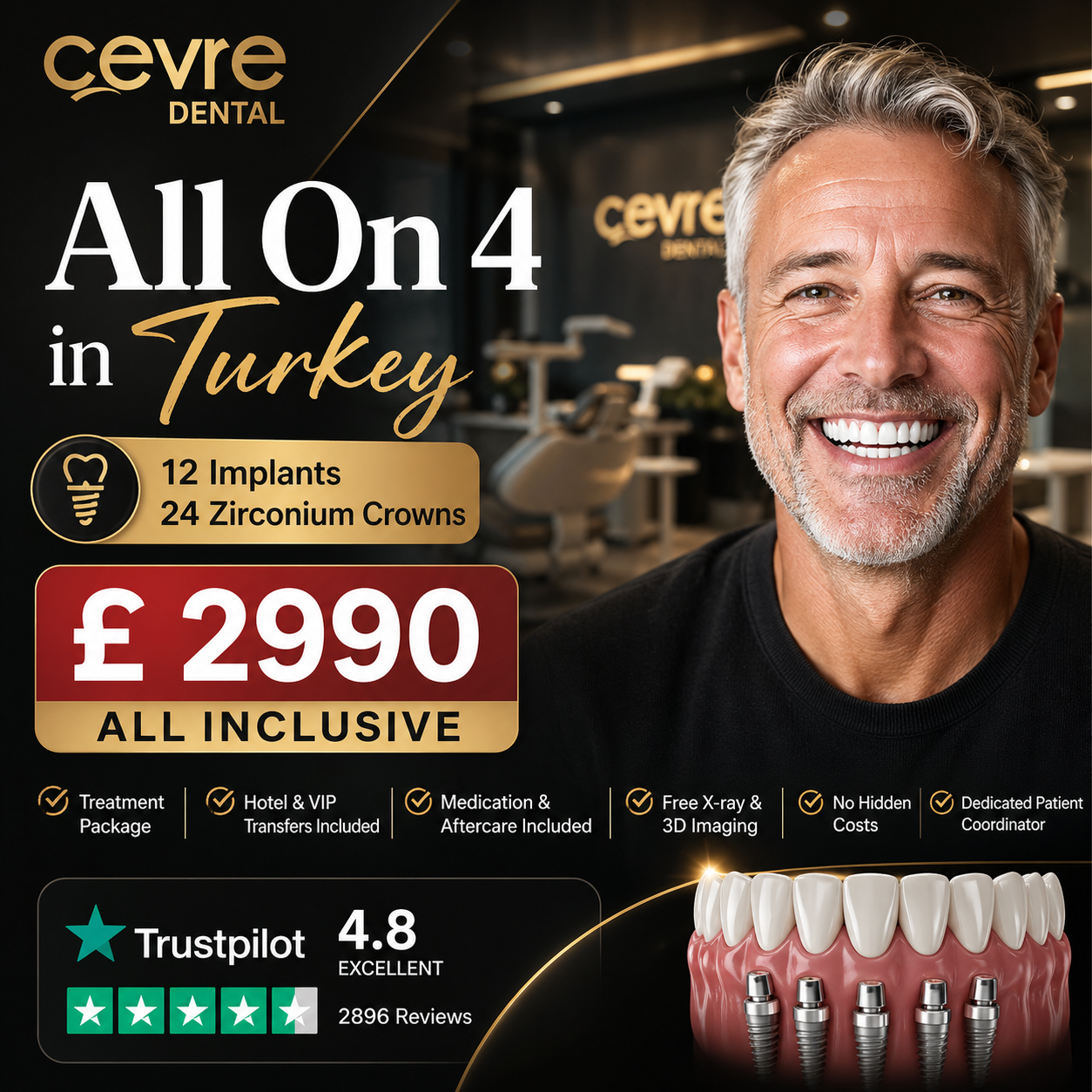 Çevre Dental Clinic Facebook ad: All On 4 in Turkey, Complete Your Smile for £2,990