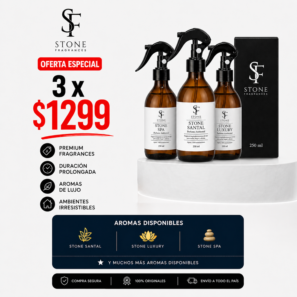 Stone Fragrances México Facebook ad: Llévate 3 perfumes ambientales por $1,299