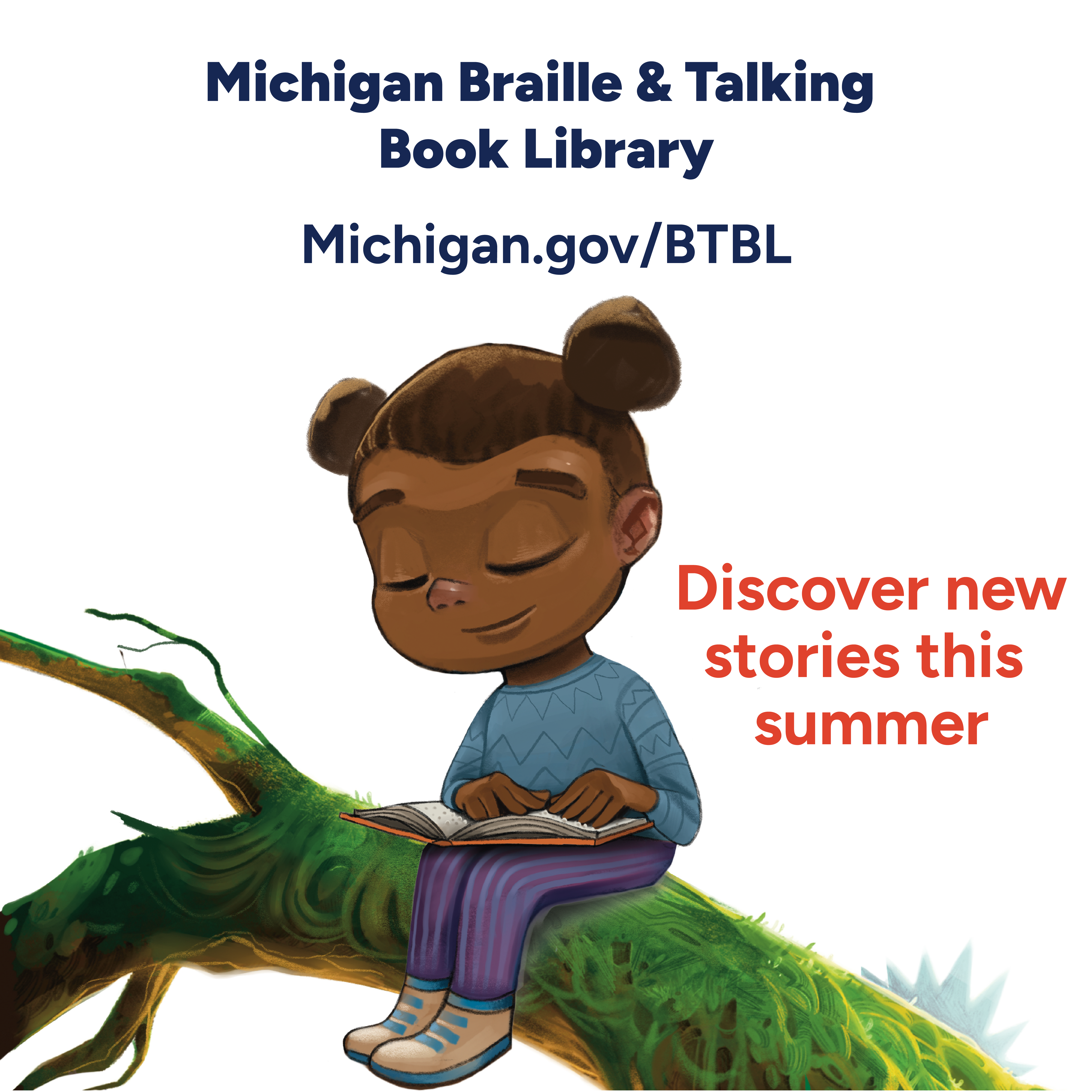 Michigan Braille and Talking Book Library Facebook ad: Discover new stories!