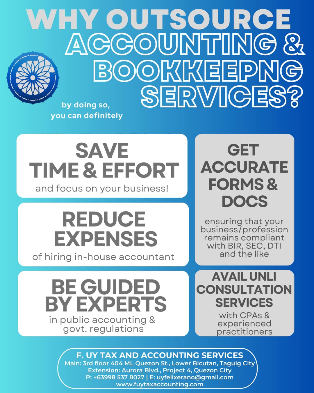 F. Uy Tax and Accounting Services Facebook ad: Need help w/ your Tax, Accounting, and Bookkeeping?Contact…