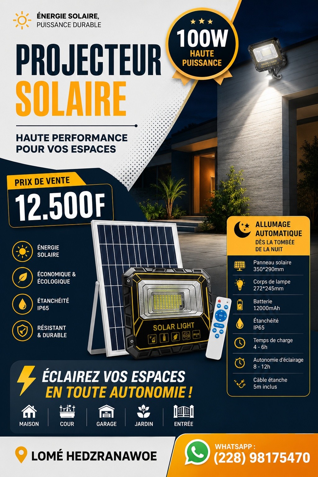 Monpetitprix Facebook ad: Promotion: 12500f PROJECTEUR SOLAIRE 100W AVEC PANNEAU ET…