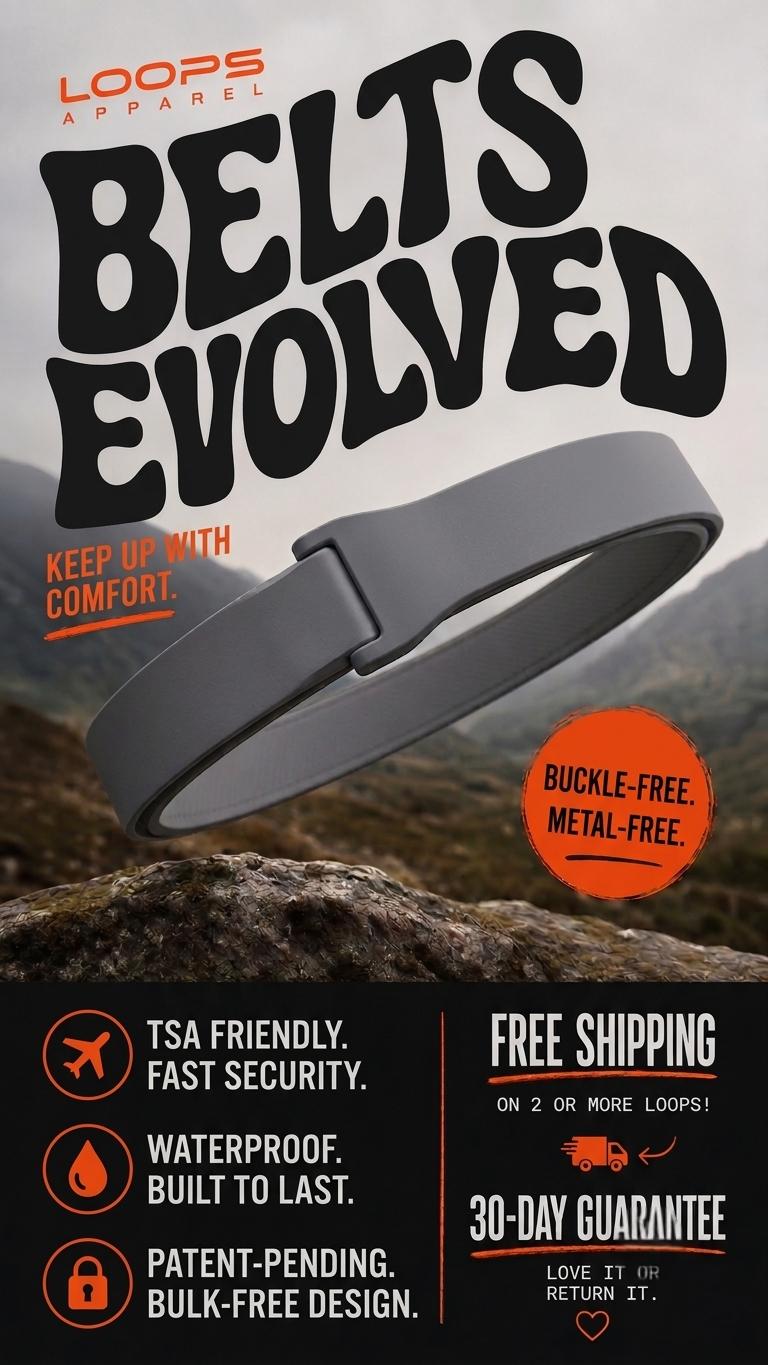 Loops Belt Facebook ad: Loops, 100% Metal-Free Silicone Belts | TSA-Approved, Zero…