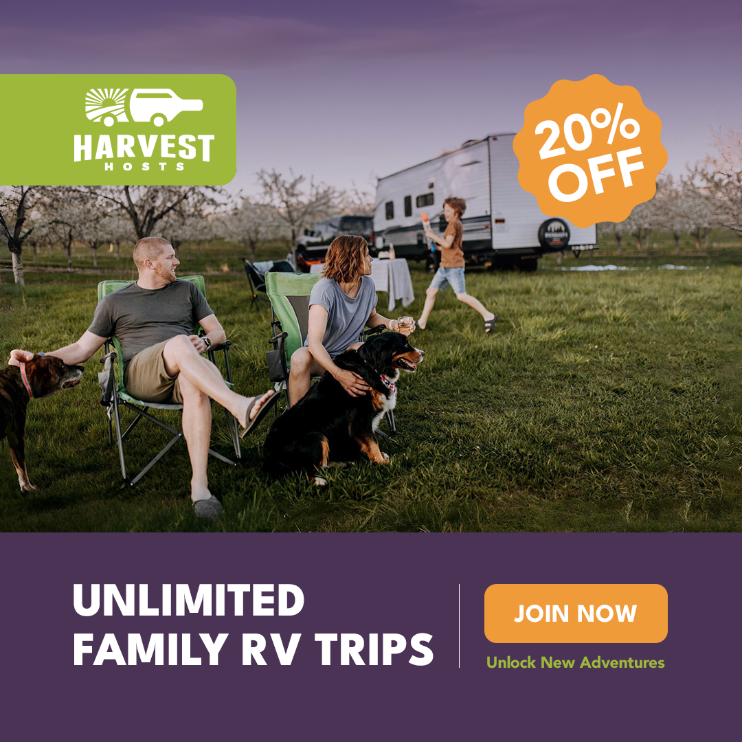 Harvest Hosts Facebook ad: 20% off unlimited overnight stays at 9,500+ RV…