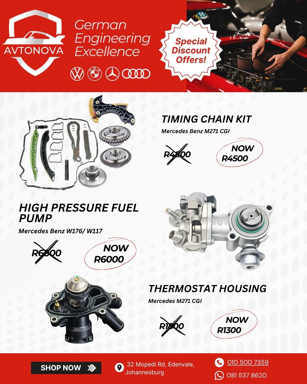 AvtoNova Facebook ad: Shop BMW, Audi, VW & Mercedes Parts