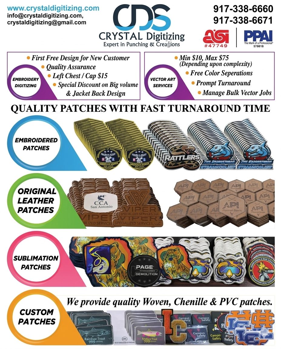 Crystal Digitizing Facebook ad: Get custom patches in 6 styles: Embroidered, Leather…