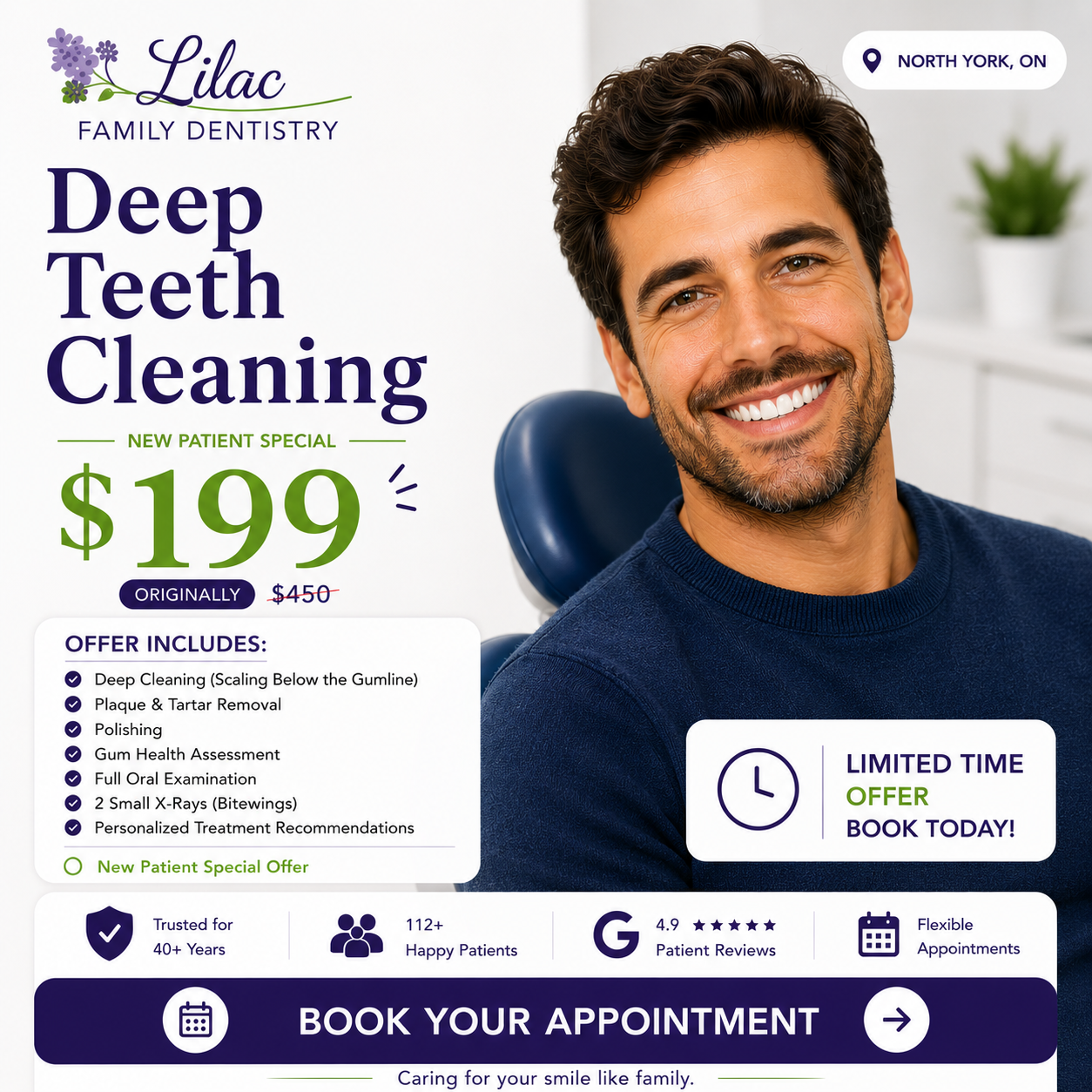 Lilac Family Dentistry Facebook ad: Dental Cleaning & Exam, $199