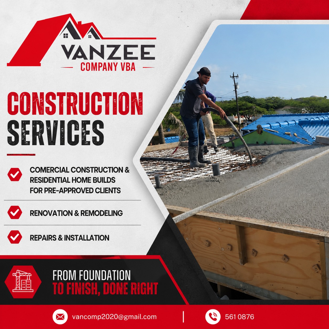 Vanzee Construction & Pool Services Facebook ad: Bo ta busca pa construi, renoba of repara…