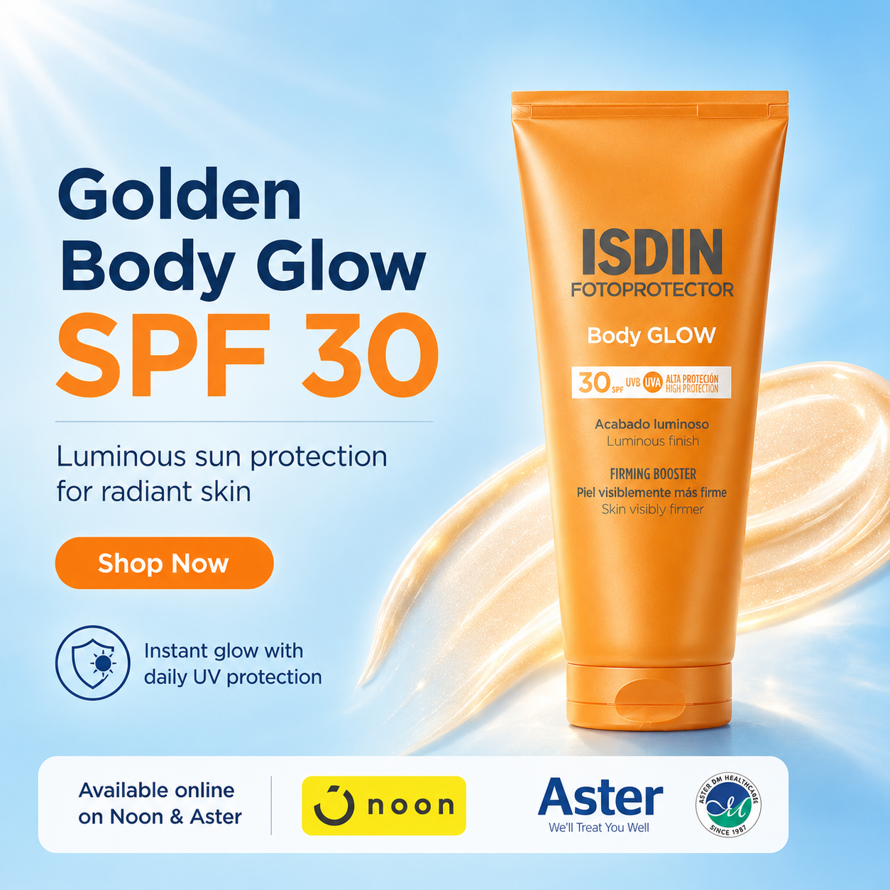 Isdin.gcc Facebook ad: Your ISDIN sunscreen routine is waiting on Noon.