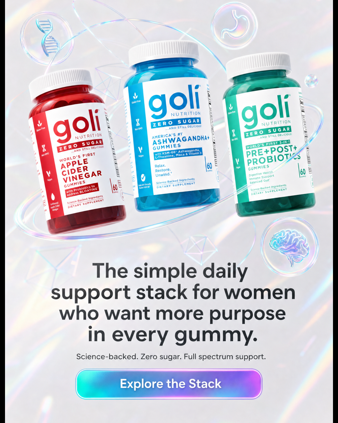Goli Facebook ad: Digestion, Gut & Stress in Three Gummies