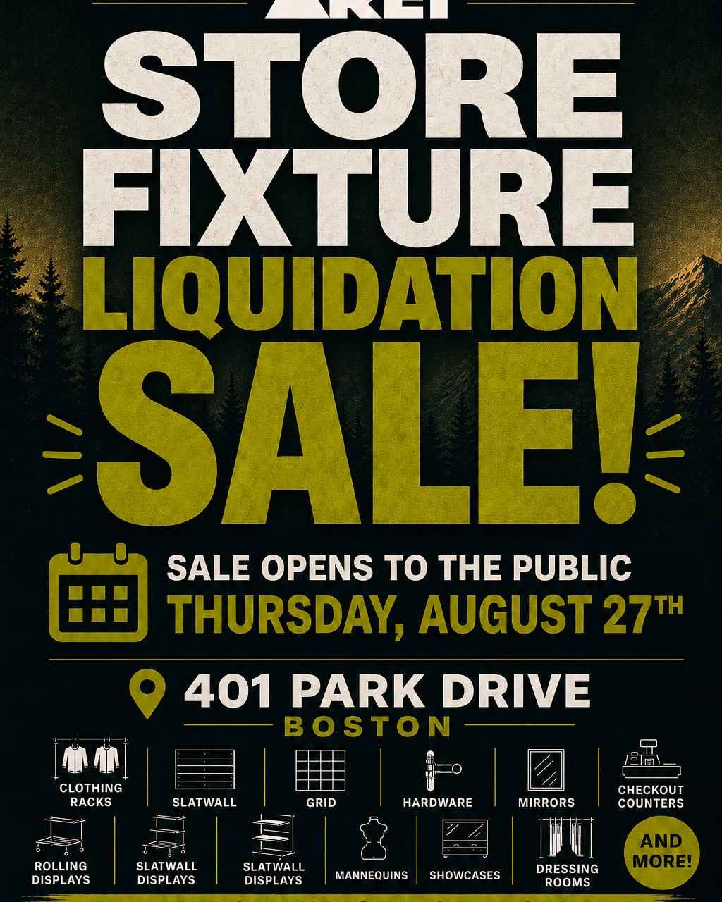 Jeanette Joseph Mentesana Facebook ad: REI STORE FIXTURE LIQUIDATION SALE, BOSTON