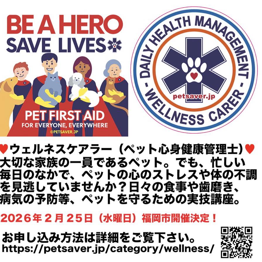 ペットセーバースタッフ Facebook ad: ウェルネスケアラー(ペット心身健康管理士)講習会@福岡 2026年2月25日(水)開催決定! |…