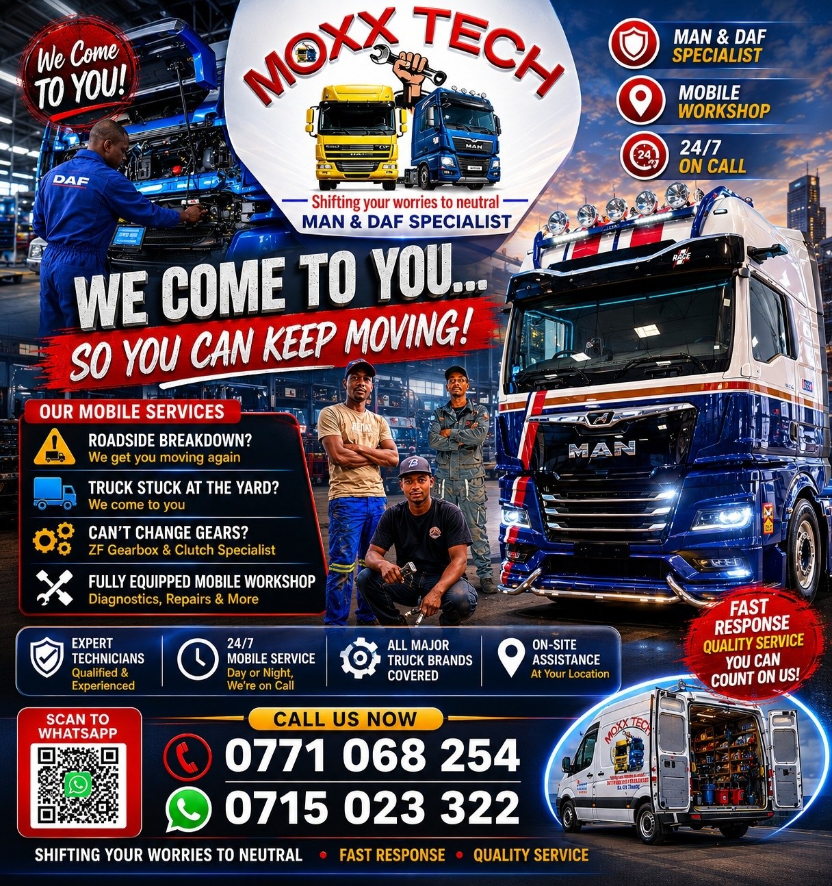 MOXX TECH Facebook ad: Whether your MAN or DAF truck needs routine…