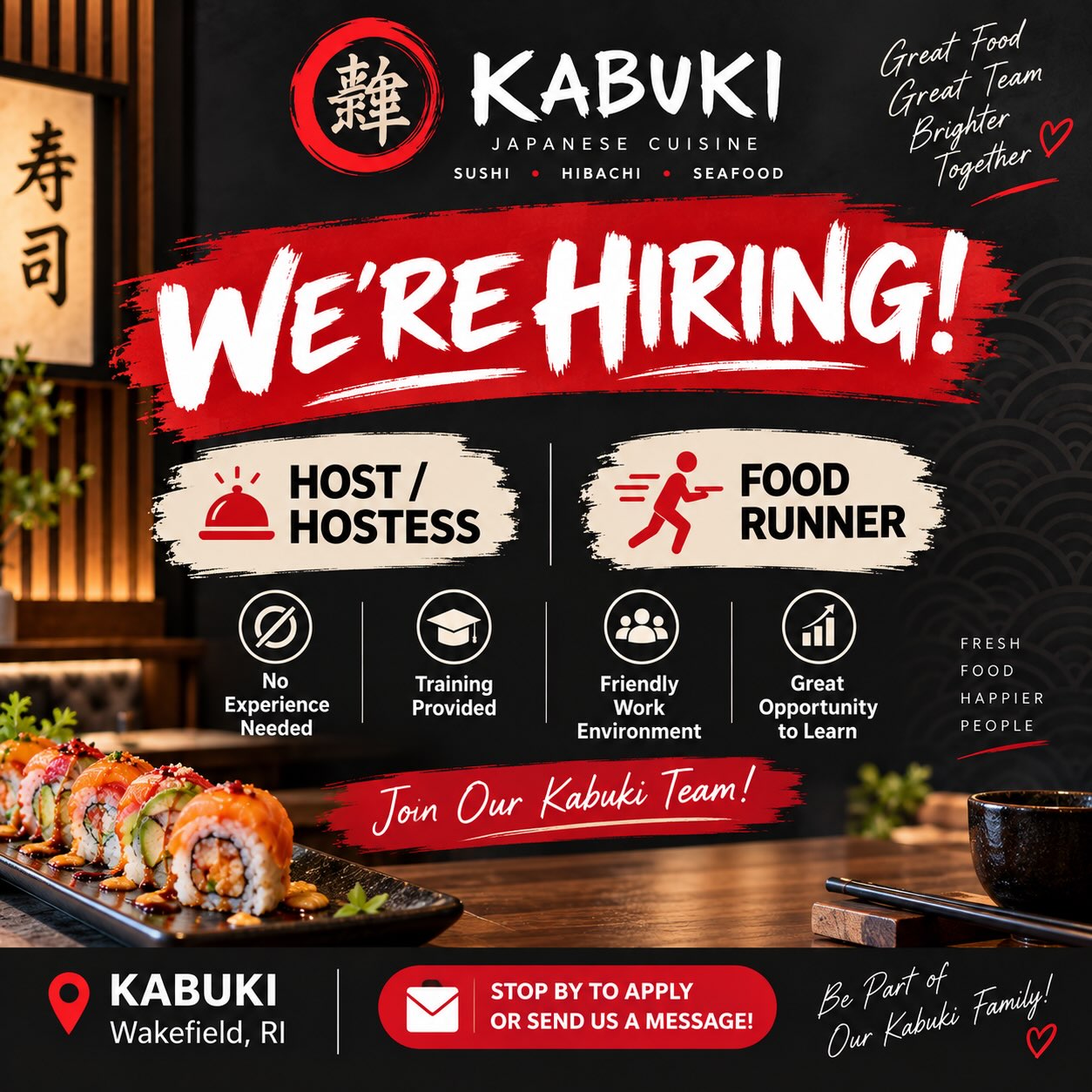 Kabuki- Modern Japanese Cuisine Facebook ad: Kabuki Asian Sushi | Online Order |Tel: 401-788-0777