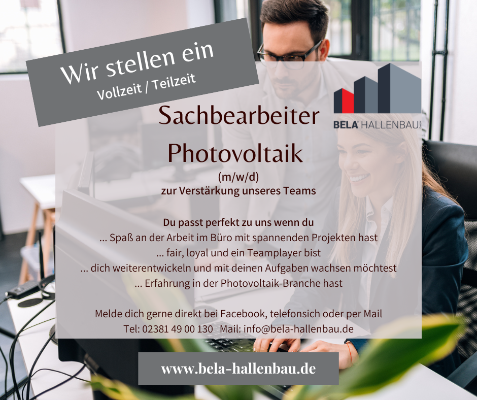 Bela Hallenbau GmbH Facebook ad: Sachbearbeiter Photovoltaik (m/w/d) in Hamm gesucht