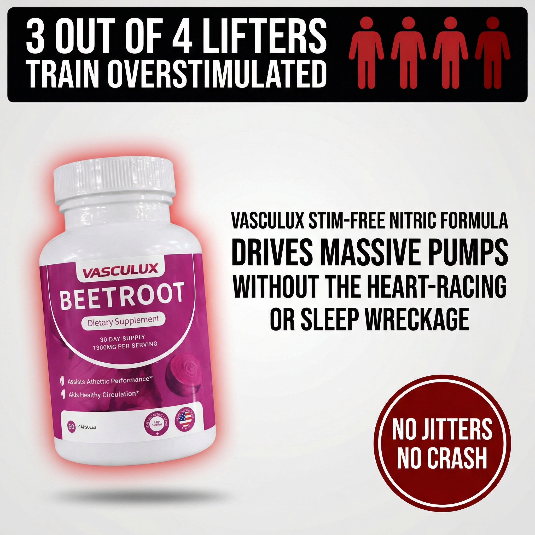 Vasculux Facebook ad: All The Pump. None Of The Panic.