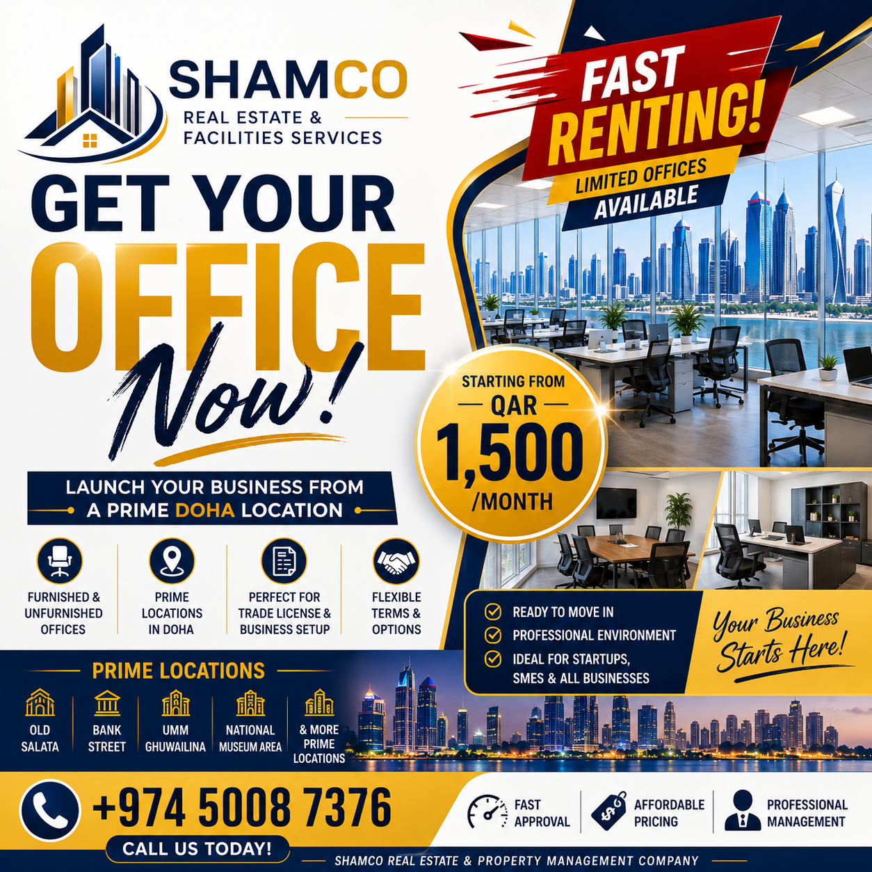 Shamco Realestate And Fecilities Services Facebook ad: GET YOUR OFFICE IN PRIME DOHA STARTING FROM JUST QAR 1,500!