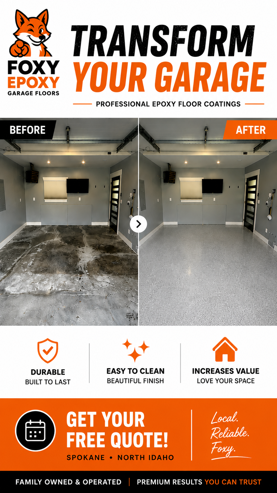 Foxy Epoxy Garage Floors Facebook ad from Jul 9, 2026