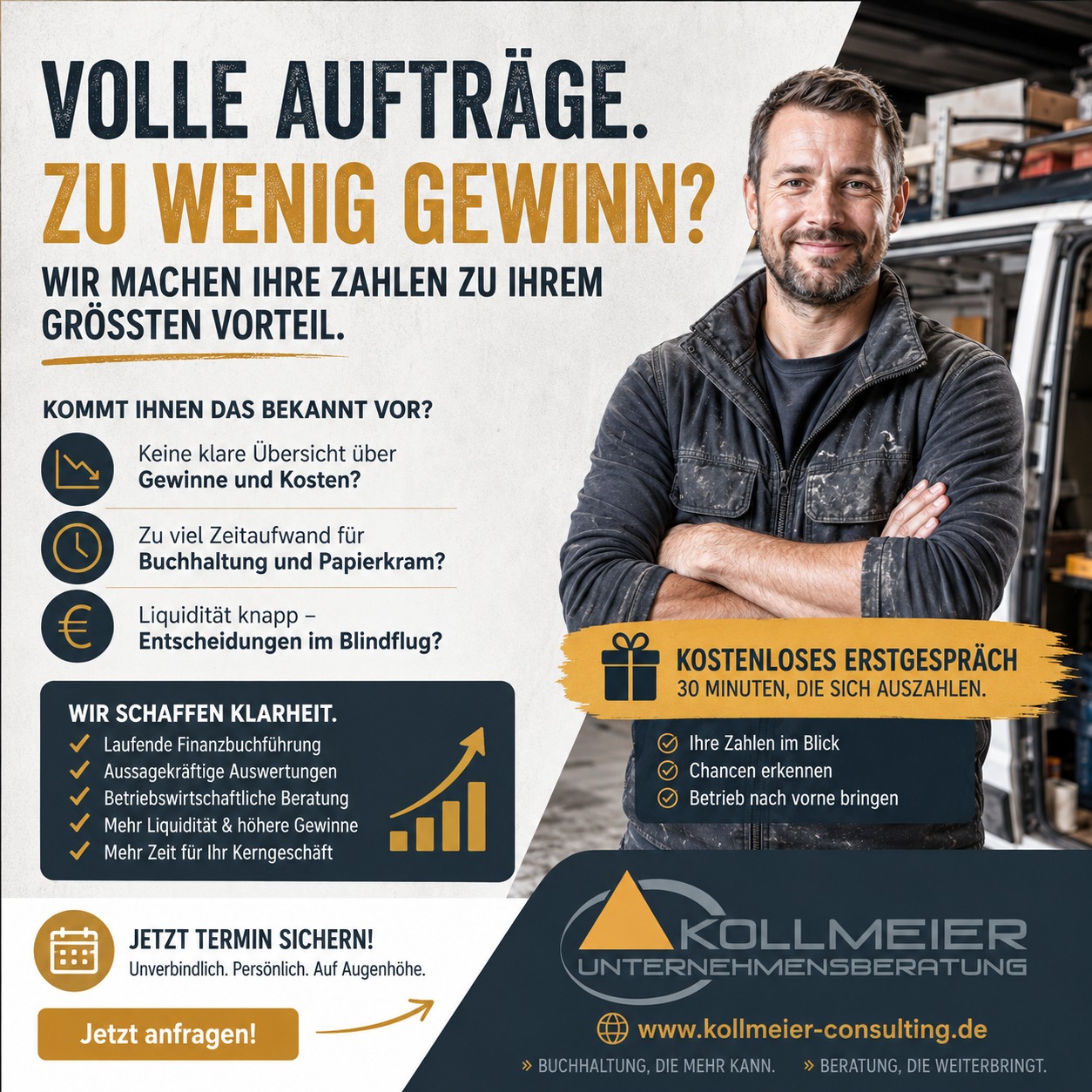 Kollmeier Consulting Facebook ad: Volle Auftragsbücher. Trotzdem bleibt zu wenig Gewinn übrig?