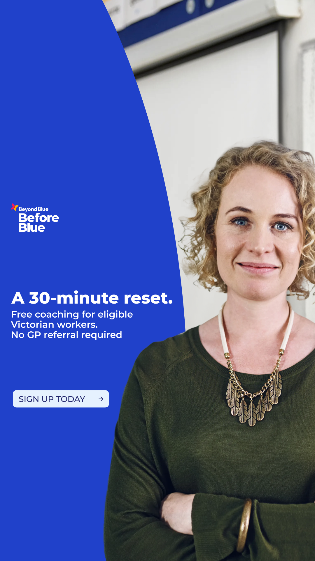 Beyond Blue Facebook ad: Free for eligible Victorian workers. No GP referral…
