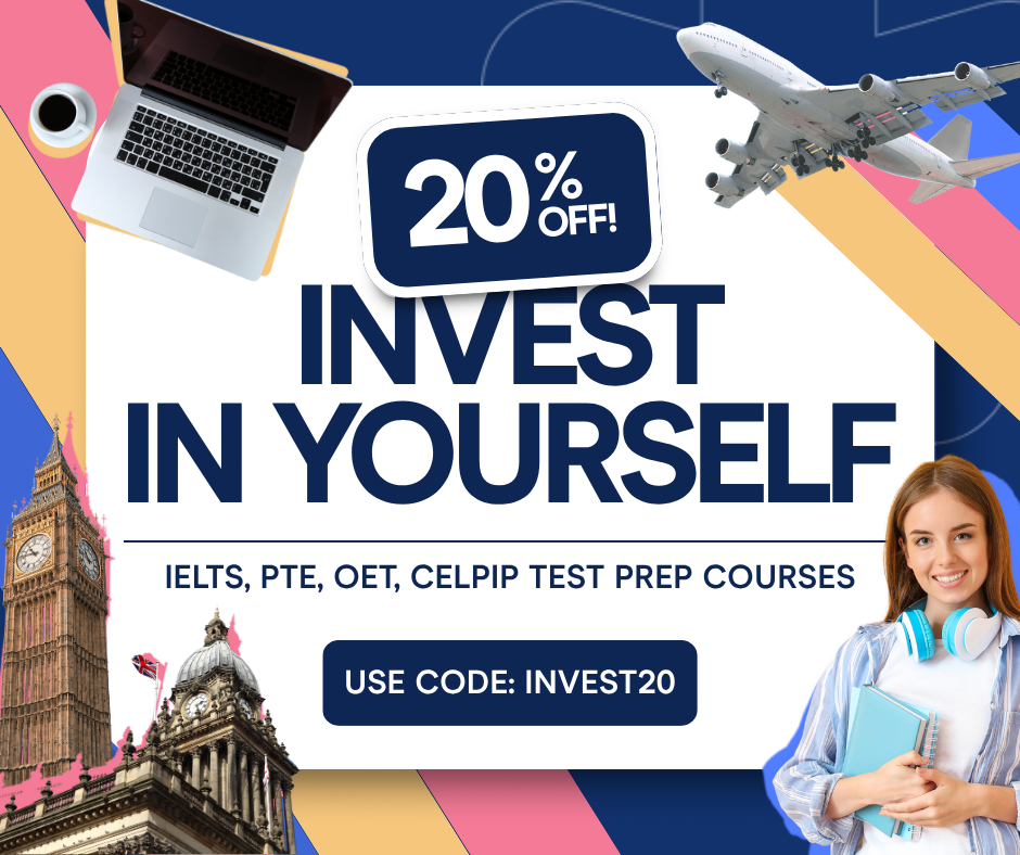 E2Language Facebook ad: Save 20% on all IELTS, PTE, OET, and CELPIP study packages