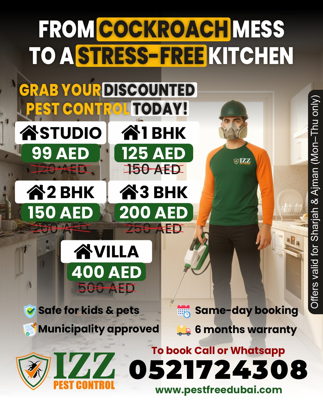 Izz Pest Control Services Facebook ad: Tired of sharing your kitchen with cockroaches?