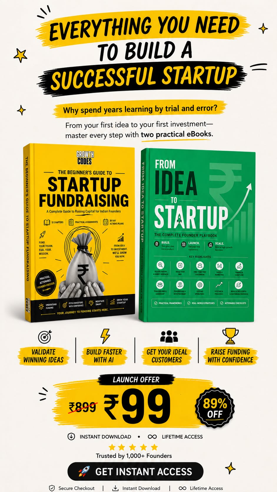 Growthcodes Facebook ad: Ebook: Idea to Startup + Startup Fundraising Guide