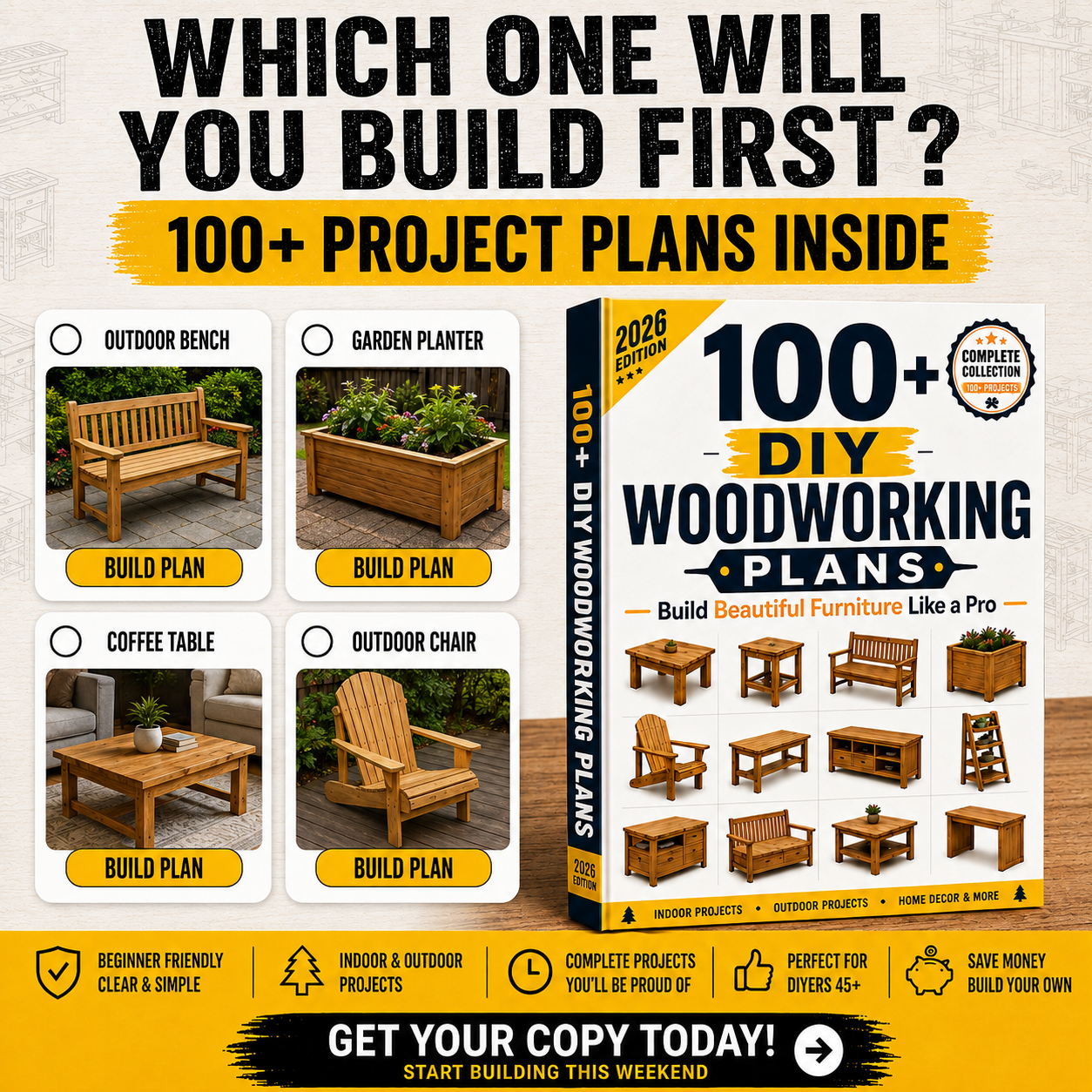 Diy Plans Vault Facebook ad: 100+ Weekend Projects.