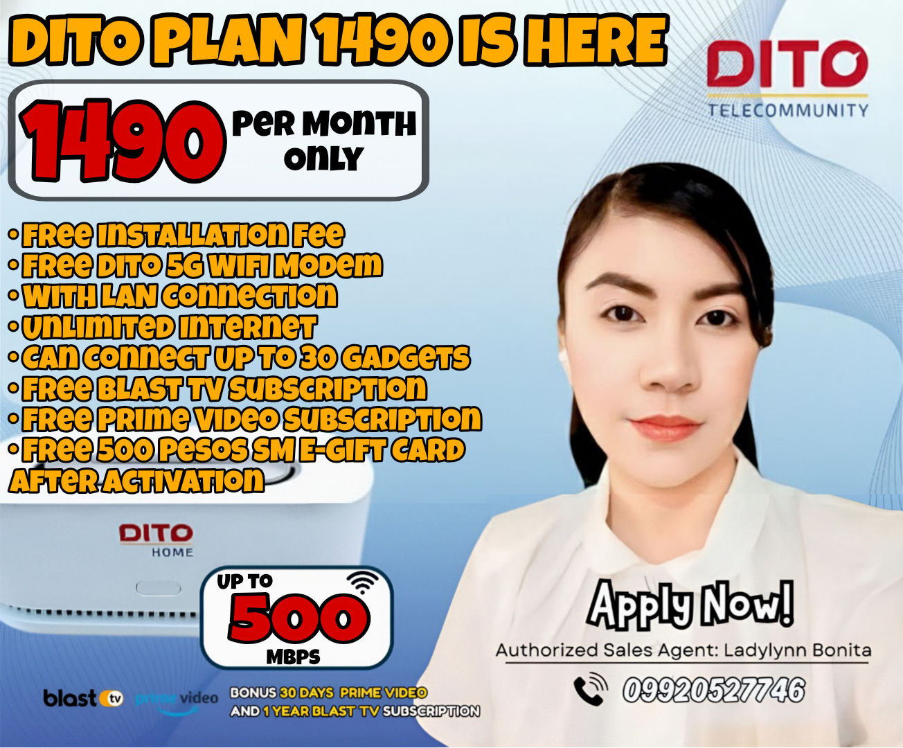 DITO 5G Unlimited WiFi Online Application Assistance - Agent Ladylynn II Facebook ad: 𝗗𝗜𝗧𝗢 𝗛𝗢𝗠𝗘 𝗨𝗡𝗟𝗜𝗠𝗜𝗧𝗘𝗗 𝟱𝗚 𝗪𝗜𝗙𝗜