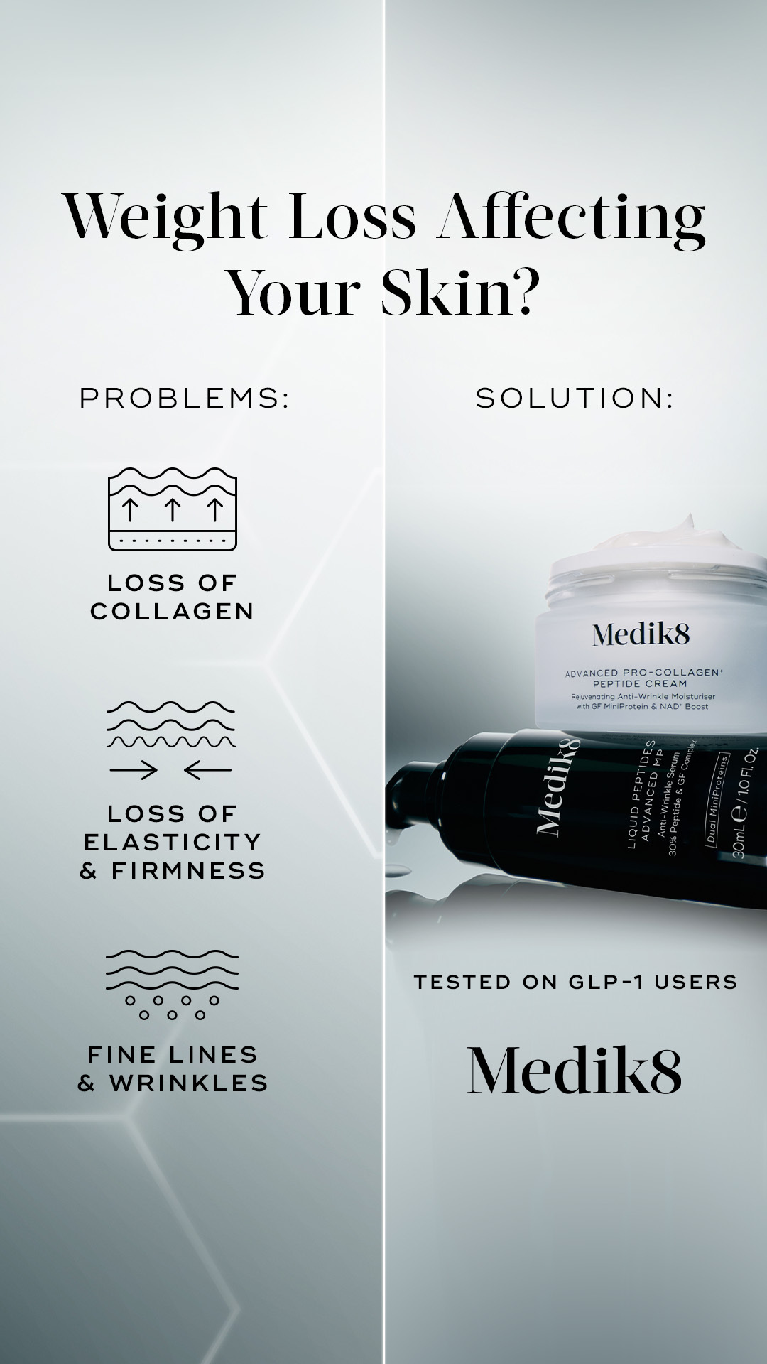 Medik8 Facebook ad: DISCOVER THE POWER PEPTIDES