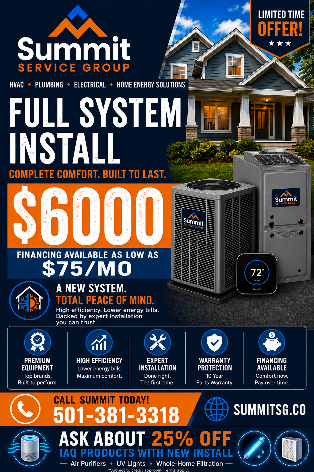 Summit Service Group Facebook ad: Full HVAC System: $6,000 - Limited Time Offer