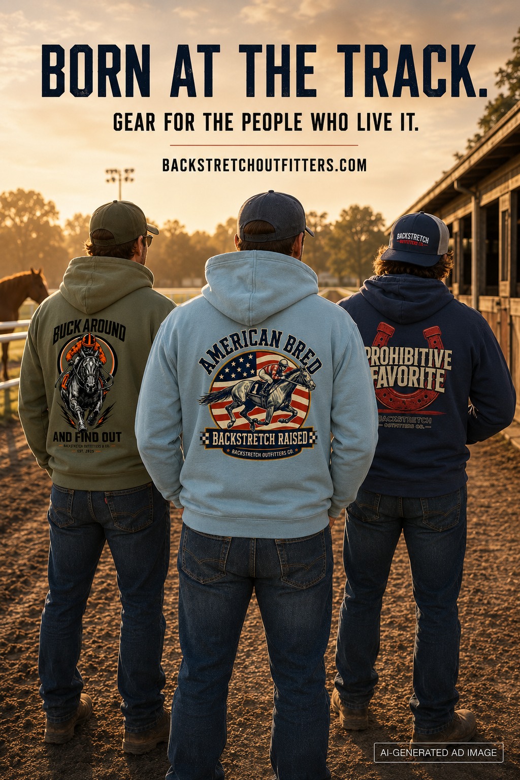 Backstretch Outfitters & Co. Facebook ad: Horse Racing Apparel, Custom Clothing & Horse Themed…